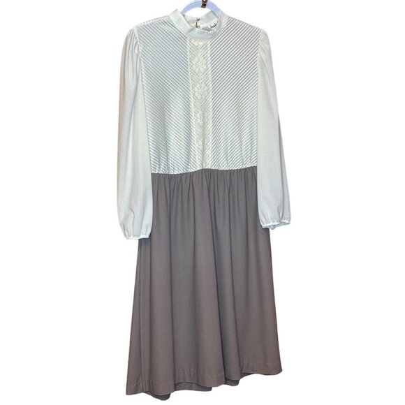 Vintage Jennifer Gee Womens Midi Dress Long Sleeve Lace Beige & Brown Polyester - Picture 1 of 3